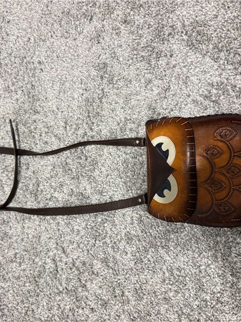 Brown Hand-Tooled Leather Crossbody Bag with Owl Accent